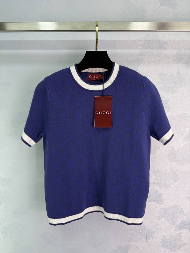 gucc*Blue Round Neck Short-Sleeved Knitted Top With Classic Double G Jacquard