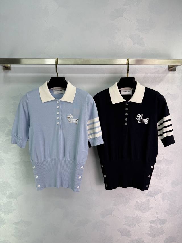 tbcollege Style Short-Sleeved Knitted Lapel Polo Shirt In Light Blue And Blac