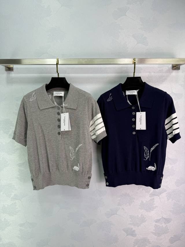 tb Short-Sleeved Knitted Polo Shirt With Classic Four-Bar Design Available In