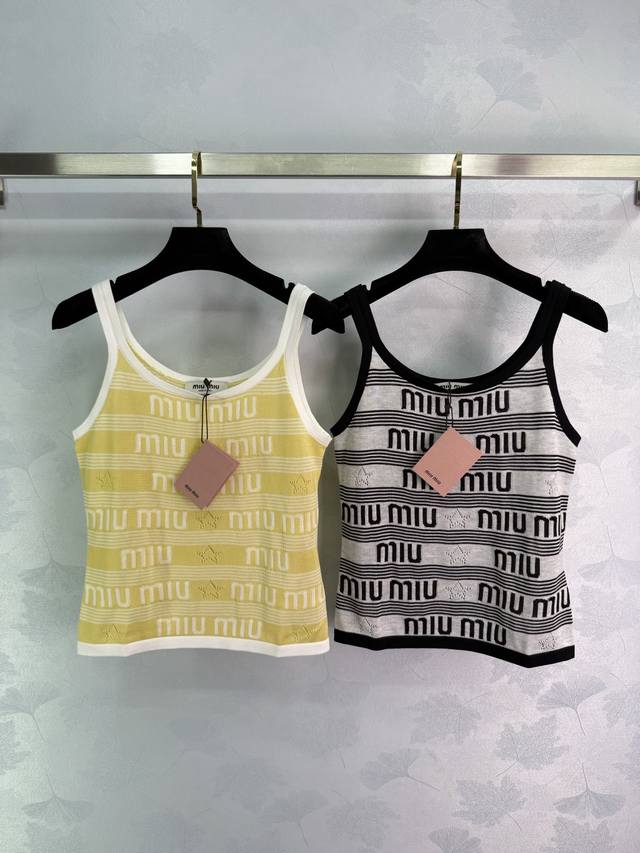 miu* Knitted Vest In Black, White And Yellow With Classic Logo Design. Versat