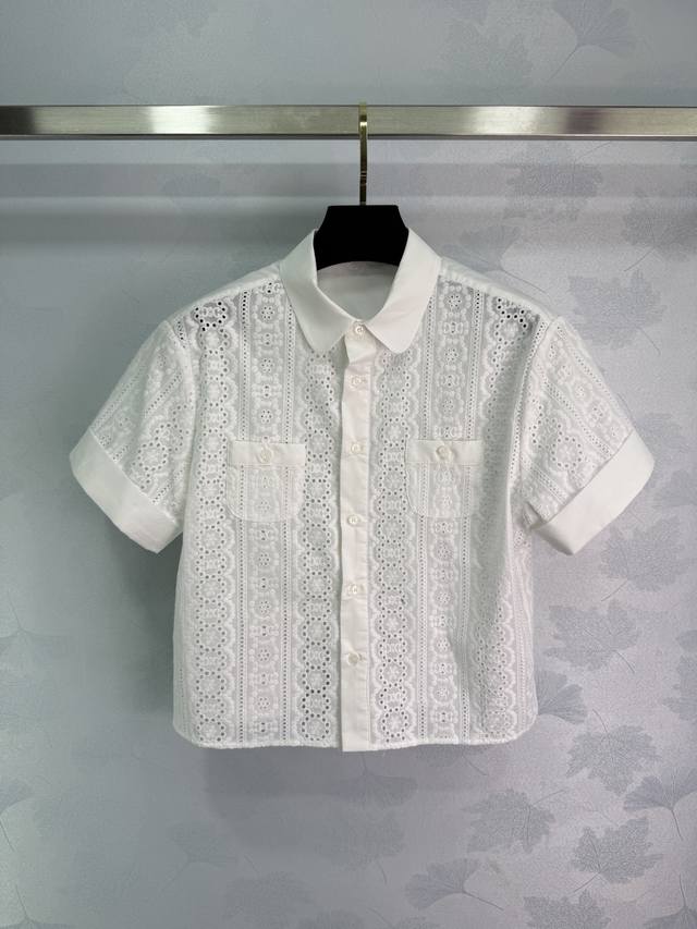 celin* 25Ss Spring And Summer New Retro Jacquard Hollow Short Sleeve Shirt |