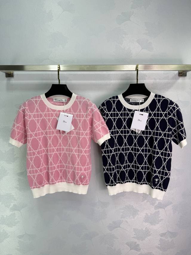 dio*25 Spring And Summer New Knitted Round Neck Short Sleeves Classic Diamond