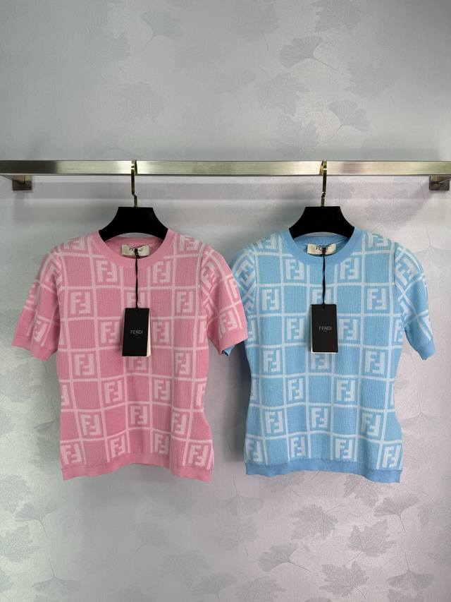 fend*25 Spring And Summer New Knitted Round Neck Short Sleeve Checkered Jacqu