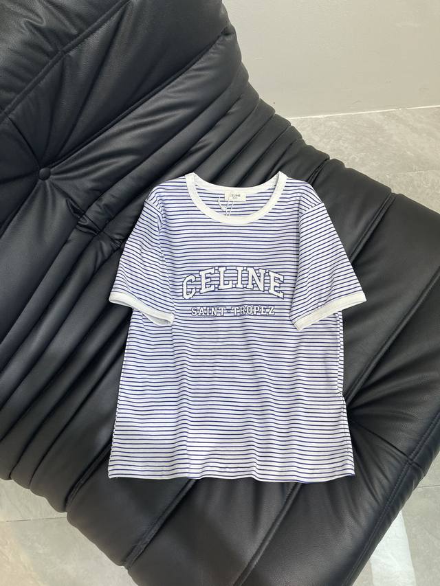 ce College Style Blue Striped Pure Cotton Letter Short-Sleeved T-Shirt Import