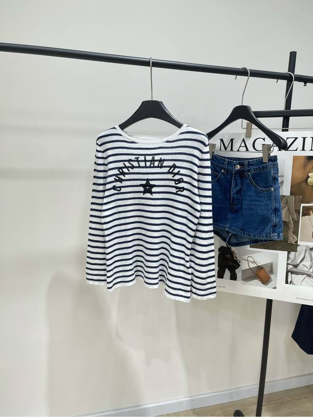 d Linen Long-Sleeved Sweater With Blue And White Stripes And Stars Fabric: Li