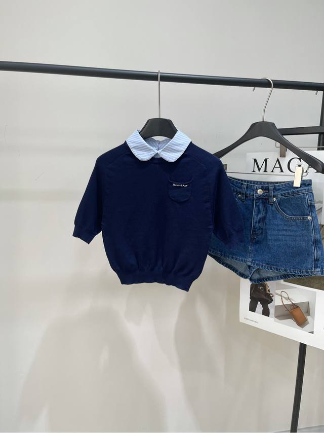 her Navy Blue Doll Collar Knitted Short Sleeves Fabric: Wool + Lyocell Fiber