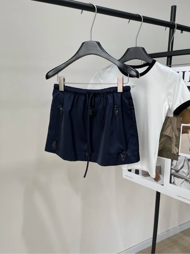 Navy Blue Heavy Beaded Drawstring Short Skirt Fabric: Cotton + Polyester Fiber C