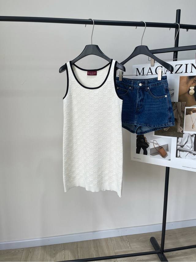 gg White U-Neck Knitted Vest Dress Fabric: Fine Cotton Color: White Gg25 New