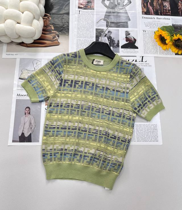 2025Ssfendi Ff Colorful Knitted Short-Sleeved Dopamine Double F Classic Logo