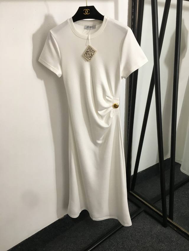 Style No. 20252996 Loew* New Logo Button Pleated Waist Short Sleeve Dress White