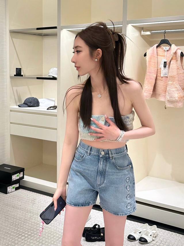 chane* 25M Spring And Summer New Beach Series Letter Embroidered Denim Shorts