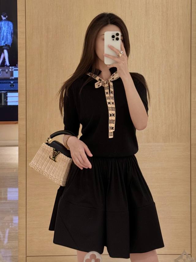 louis Vuitto* 25Ss Spring And Summer New Lace Stand Collar Ribbon Short-Sleev