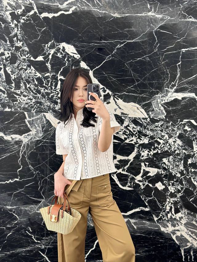 celin* 25Ss Spring And Summer New Retro Jacquard Hollow Short-Sleeved ShirtEx