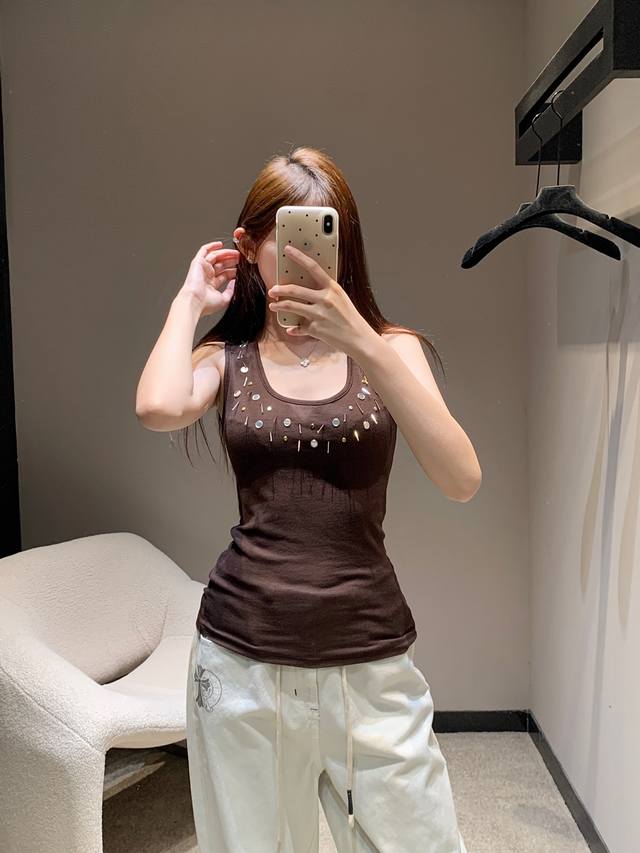 miumi* 25Ss Spring And Summer New Caramel Color Beaded Metal Decoration Slim