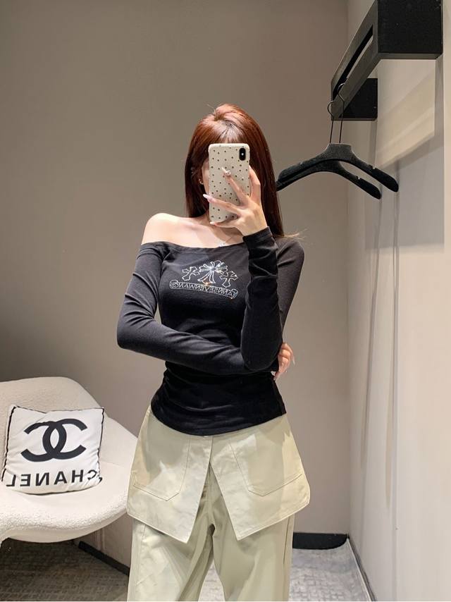 chorme Heart* 24Ss Early Spring New Rhinestone Off-Shoulder Long-Sleeved Top