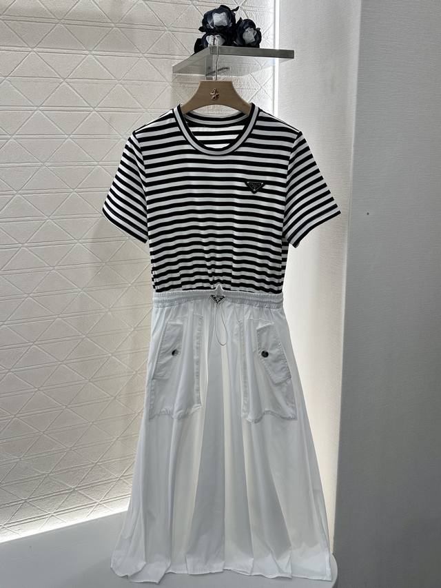 prad*2025 New Arrivals Striped Short-Sleeved Patchwork Dress Customized Yb Tw