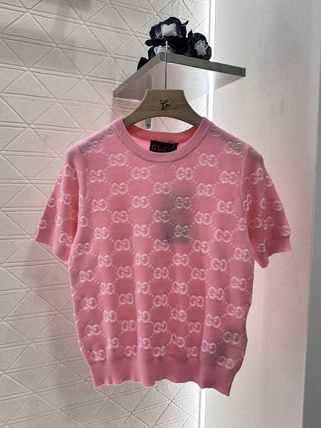 gucc*2025 New Arrivals Round Neck Jacquard Knitted Short Sleeves Customized Y