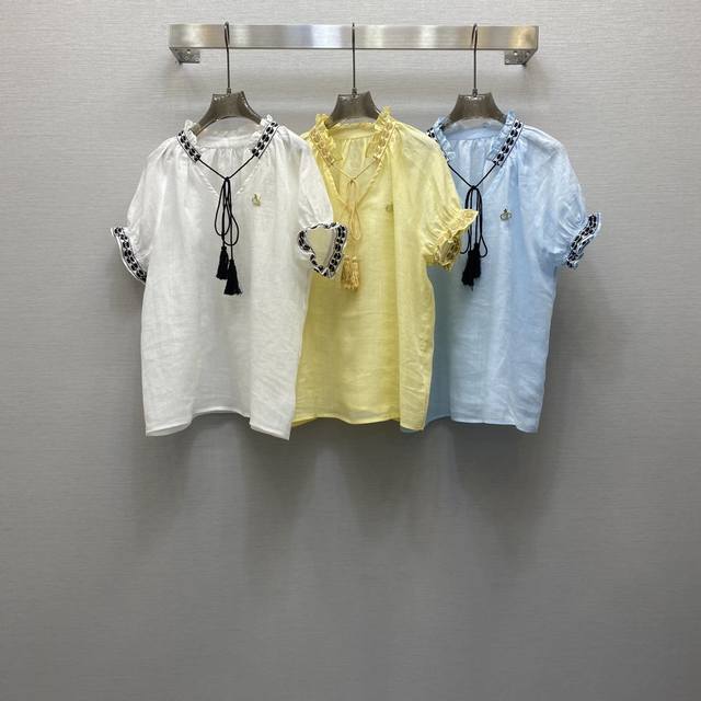 di*25Ss Heavy-Duty Embroidery Sexy V-Neck Lace-Up Design Linen Shirt High-Gra