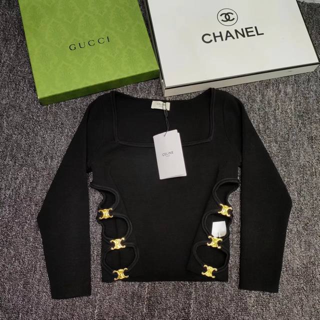celine New U-Neck Side Arc De Triomphe Metal Button Slim Fit Top Three-Quarte