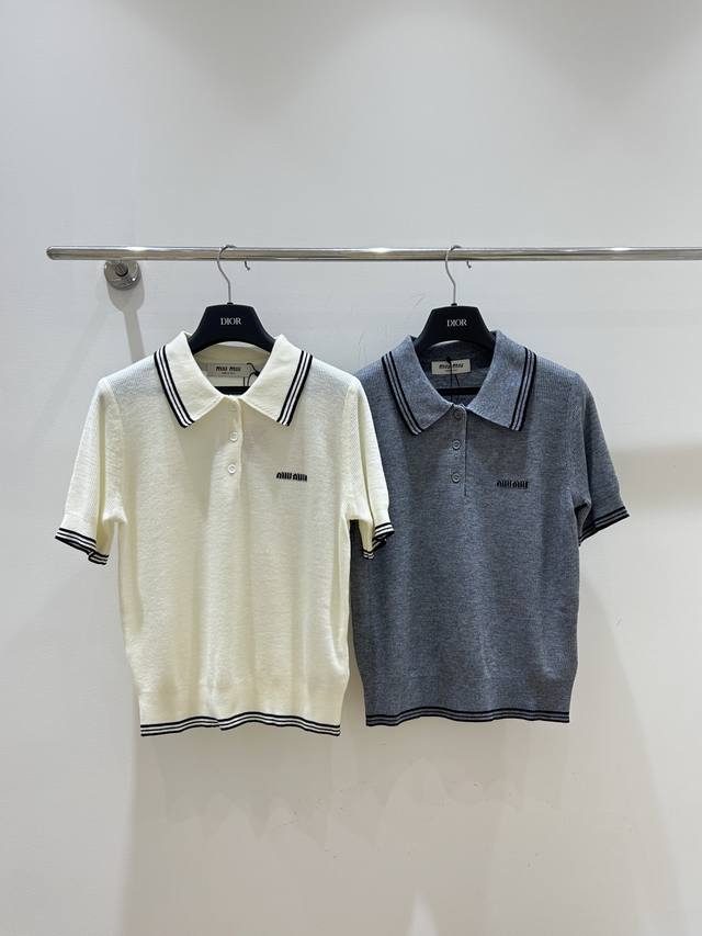 New Arrival Miumiu Contrast Color Lapel Short-Sleeved Top Simple And Fashionable