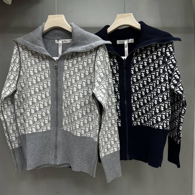 New Dior Dior Full Letter Jacquard Navy Collar Zipper Cardigan Double-Sided Wear