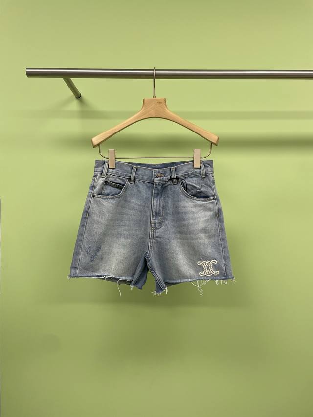 celine2025 Spring And Summer New Arc De Triomphe Embroidered Ripped Denim Sho