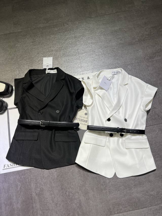 pp Dio** Dior Women's Wool Silk Asymmetrical Belt Short-Sleeved Jacket Coat 2