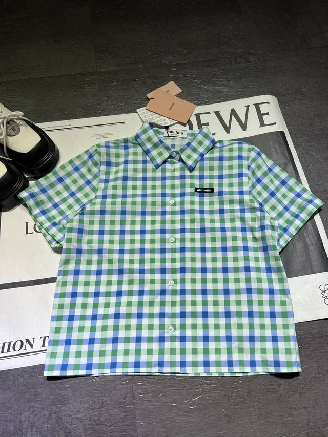 pp Miumi*Miaomiao Ladies Short-Sleeved Shirt 25 New Checkered Shirt Top With