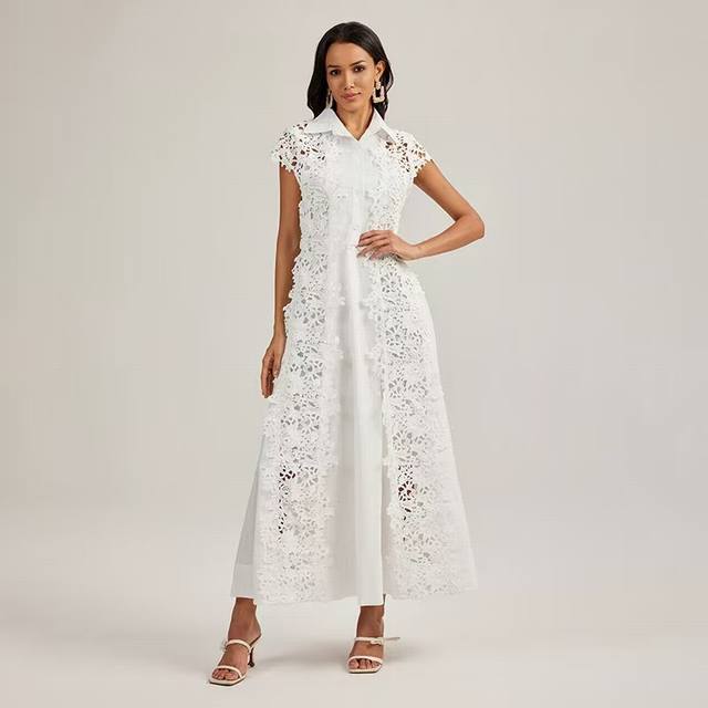 New Lapel Embroidery Hollow Dress Smlxl