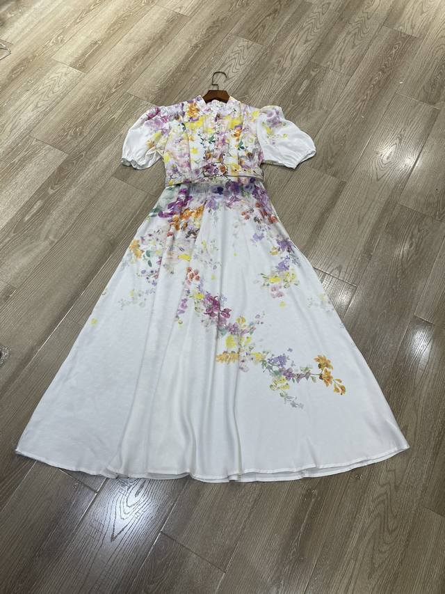New Stand Collar Puff Sleeve Printed Button Dress Smlxl