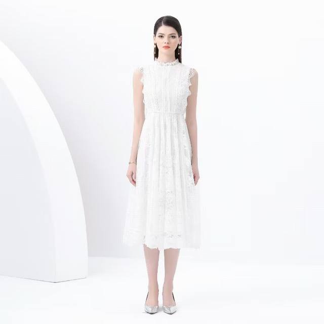 New Stand Collar Lace Embroidery Waist Dress Smlxl