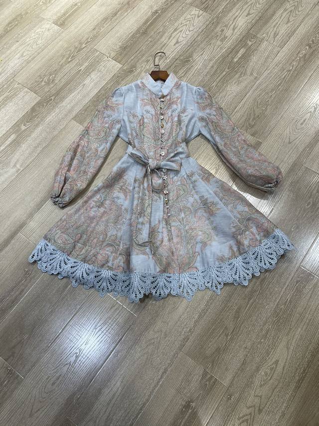 New Stand Collar Stitching Hem Embroidery Lantern Sleeve Dress Smlxl