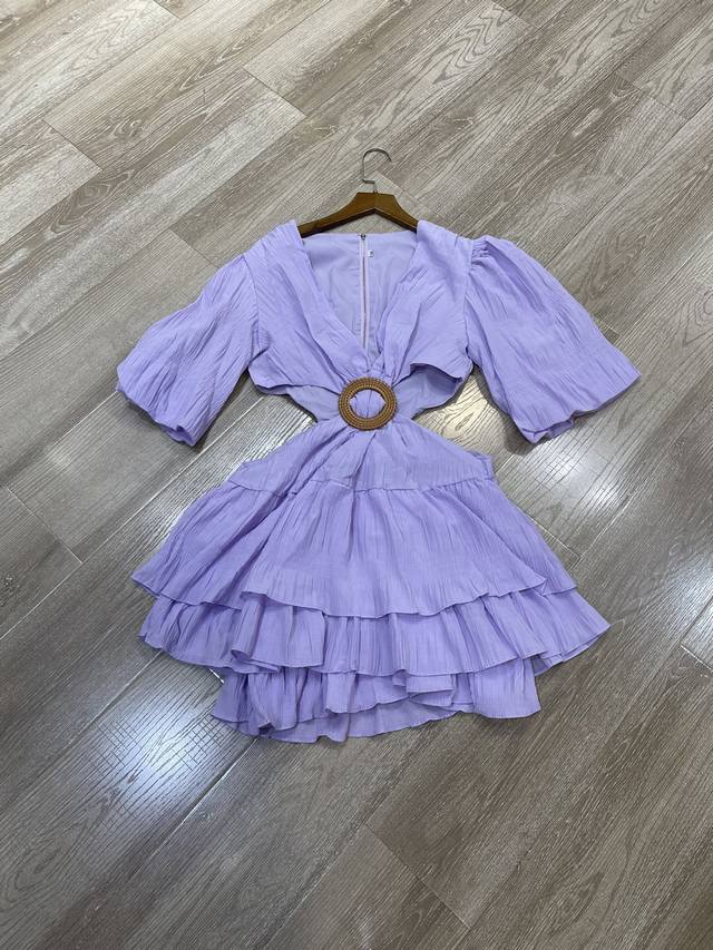 New V-Neck Chest Buckle Waist-Baring Puff Sleeve Dress Smlxl
