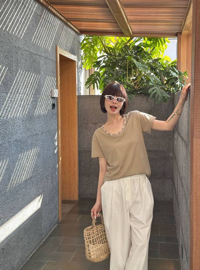 Original Zm 2025 Summer New Fashion Neckline Woven T-Shirt Simple Single Product