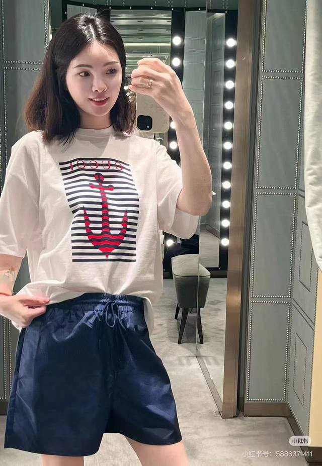 Original Gu.....2025 Summer New Fashion Round Neck Loose Anchor Print T-Shirt Cu