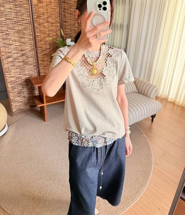 Original Va 2025 Summer New Fashion Hollow Embroidery Lace T-Shirt This Year's P