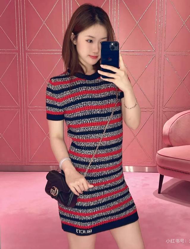 Original Gu 2025 Spring And Summer New Fashion Striped Contrast Knitted Short Sl