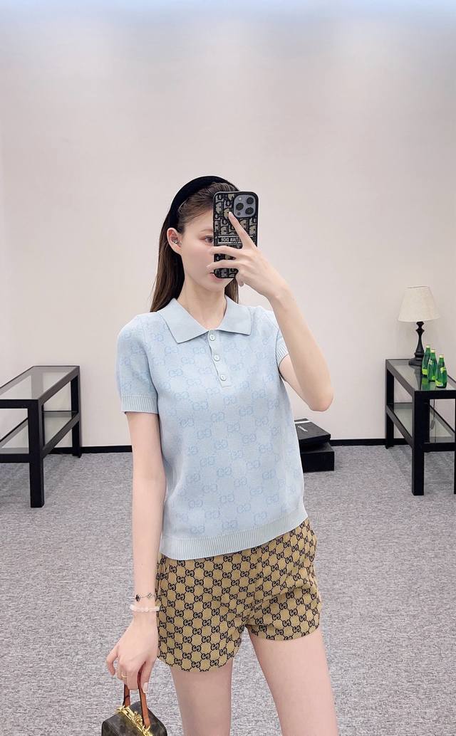 Original Gu......2025 Spring And Summer New Fashion Jacquard Logo Lapel Knit Top