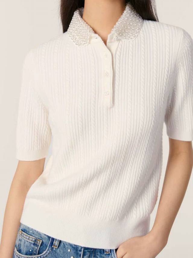 Original Mm 2025 Summer New Fashion Lapel Beaded Thin Knitted Top Classic Versio
