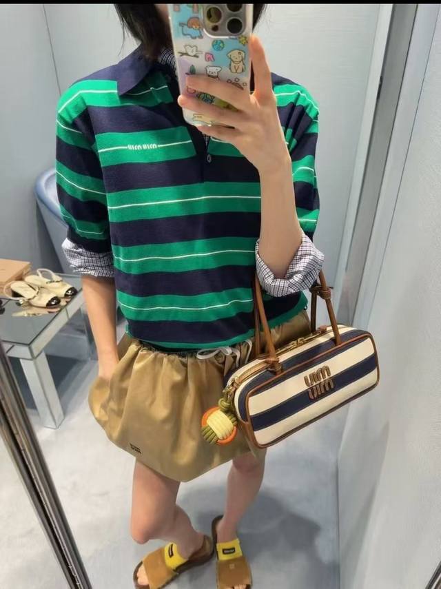 Original Mm 2025 New Summer Fashion Ice Silk Polo Collar Striped Short-Sleeved T