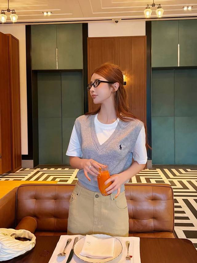 Original Rl 2025 New Summer Fashion Ralph V-Neck Knitted Patchwork Top The Exqui