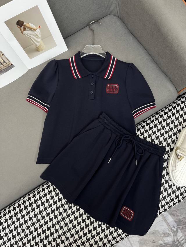 miumi* 25Ss New Style Puff Sleeve Polo Shirt And Skirt Suit With Letter Embro