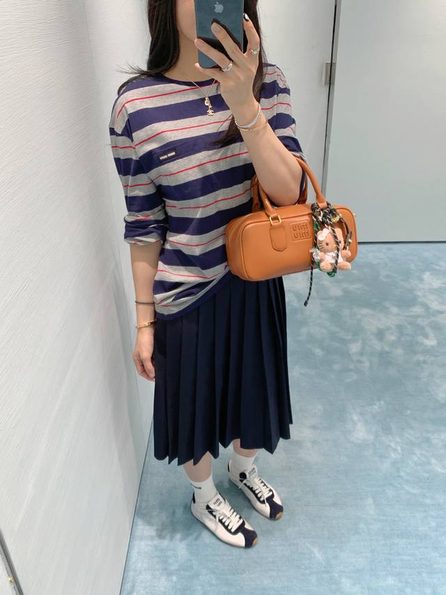 miumi*25Ss New Spring And Summer Micro-Label Striped Color Matching Long Slee