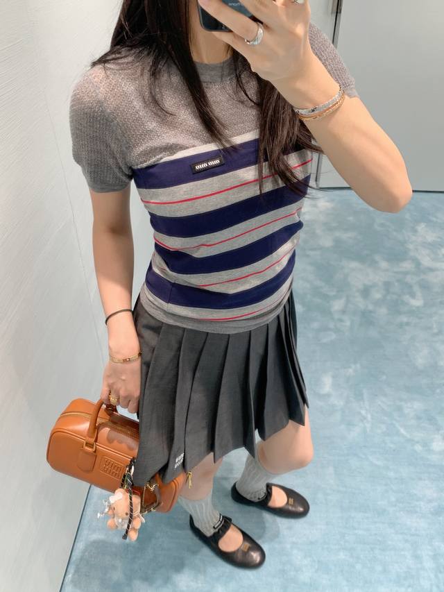 miumi*25Ss New Spring And Summer Micro-Label Striped Color-Blocking Layered T