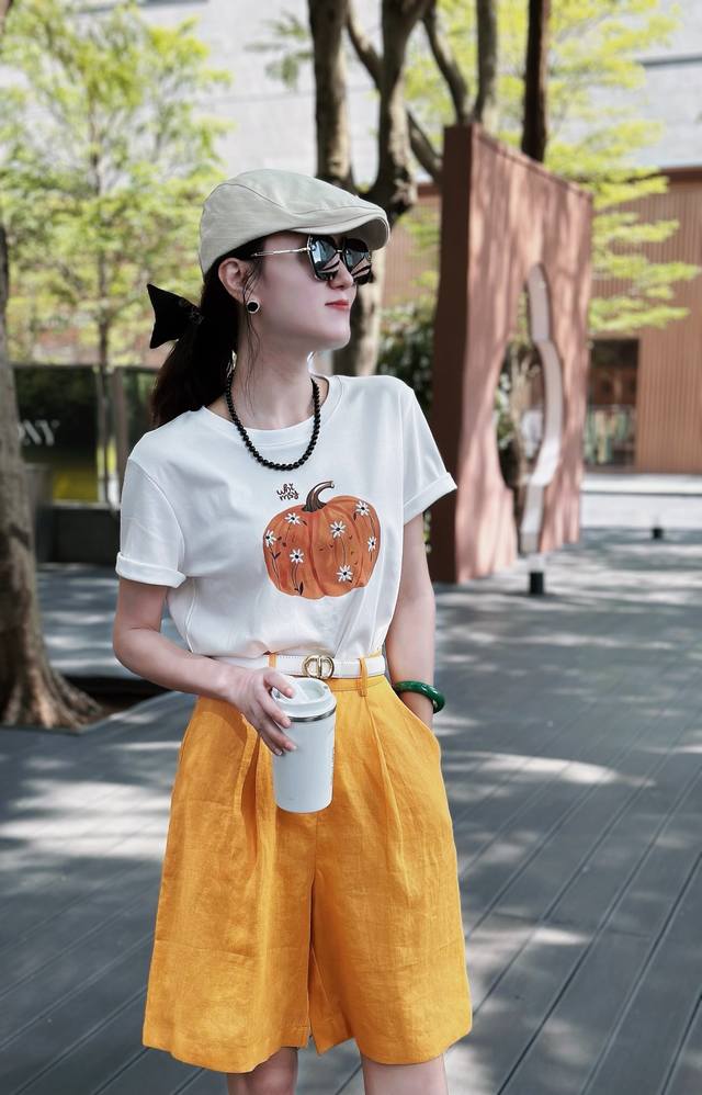 Suit Simple And Handsome Heavy Printing Embroidery T-Shirt Top + 100% Linen Shor