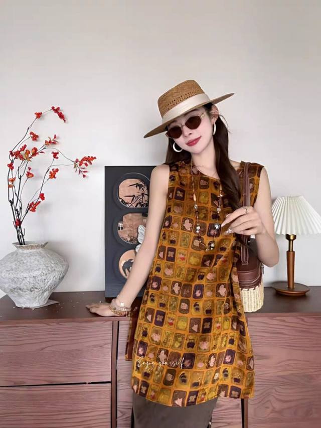 Dress Heavy Rayon Silk Gauze Sleeveless Round Neck Loose Vest Top Dress Skirt Na