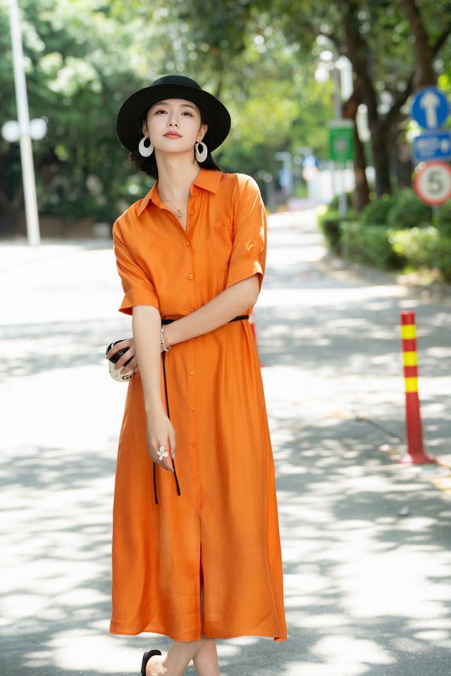 Dress Hot New Model, High-End And Elegant Temperament, Orange Tencel Dress, Loos