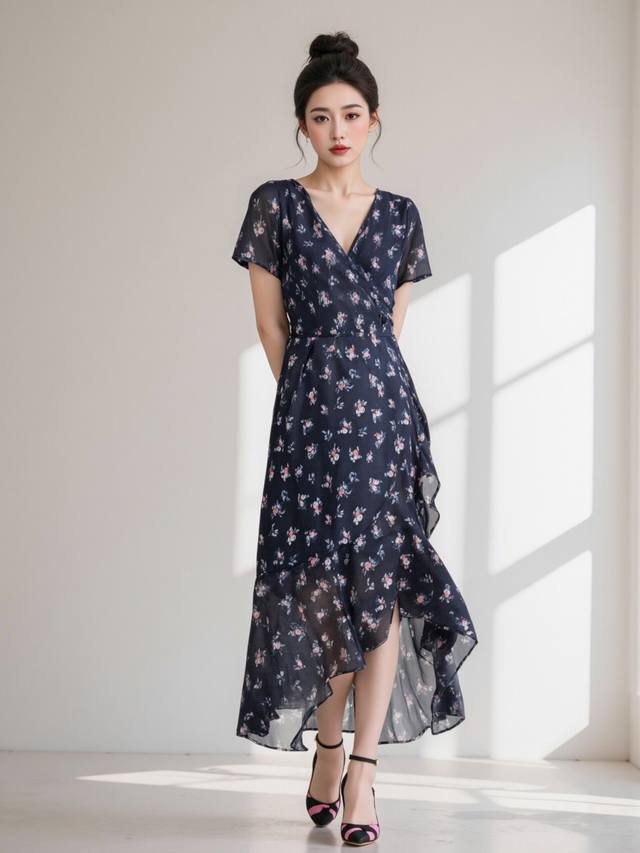 Dress New Spring And Summer Elegant Short-Sleeved Mid-Length Dress V-Neck Elegan