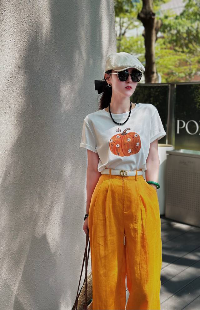 Suit Heavy Beaded T-Shirt Top + Pure Linen Straight Wide-Leg Pants Suit Popular
