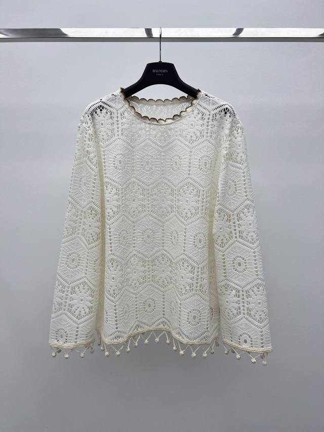 Hollow Knit Sweater Made Of Cotton Blended Yarn Fabric Round Neck, Long Sleeves